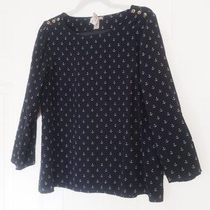 J Crew 100% Silk Nautical Blouse - Size 12 - Navy w/ Anchor Print